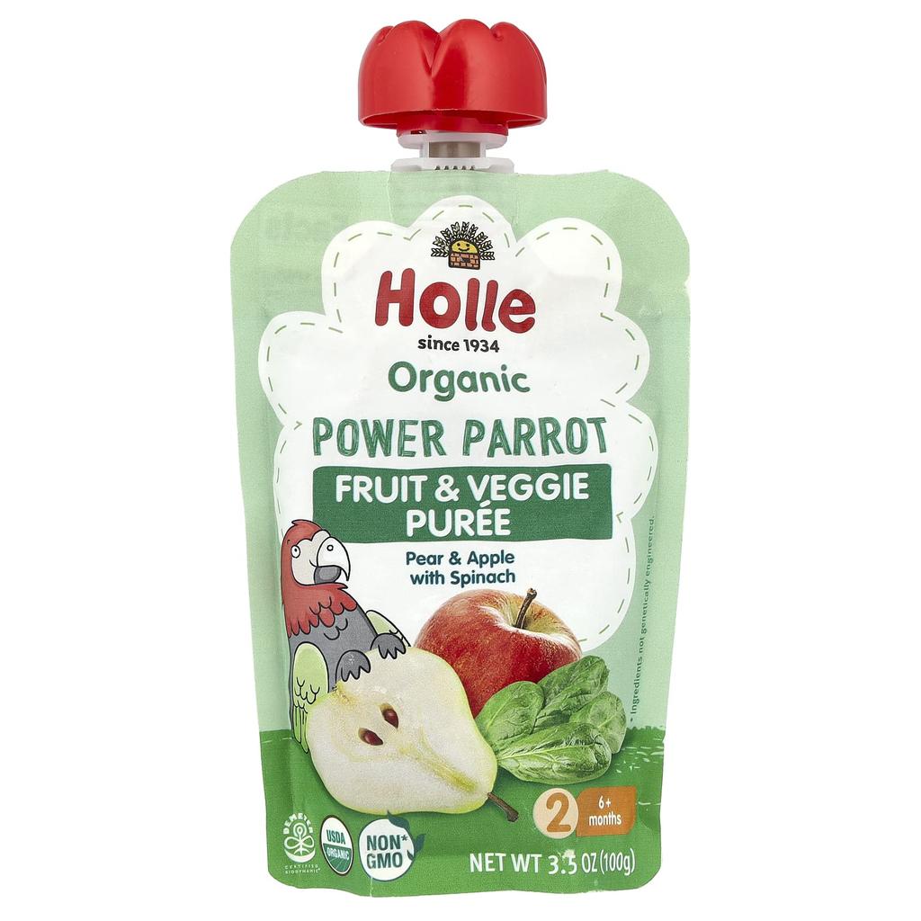Holle Organic Fruit & Vegetable Puree, Power Parrot, 6 Months+, with Pear and Apple, with Spinach, 3.5 Oz (100 G)