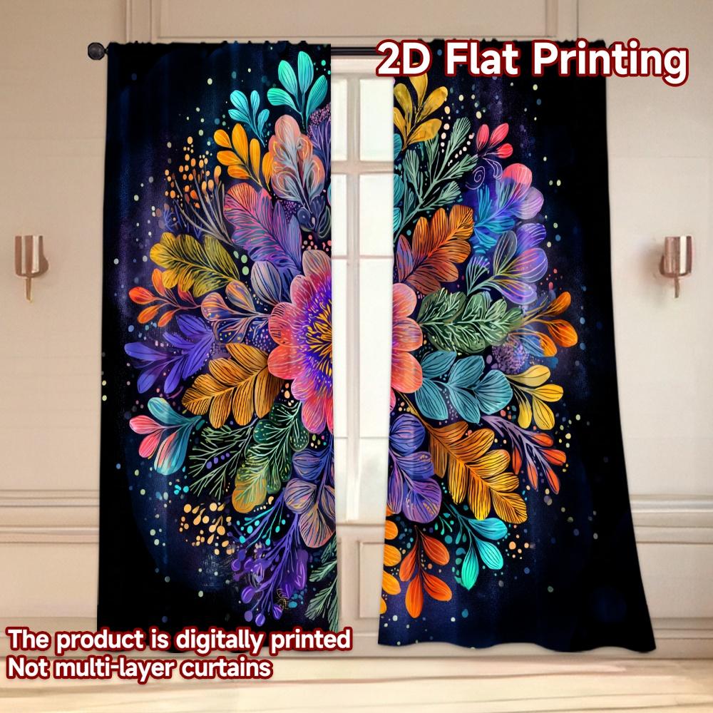 Flat Printing Curtains Without Rod Floral Mandala Design New Year Holiday Versatile Durable Polyester Curtain Set Of 2 Made Washable