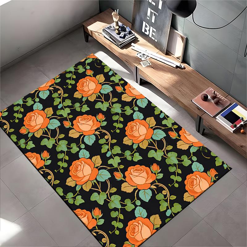 Floral Carpet with Orange Roses and Green Leaves On Black Background Suitable for Use As an Anti-slip for Living Room Bedroom Sofas