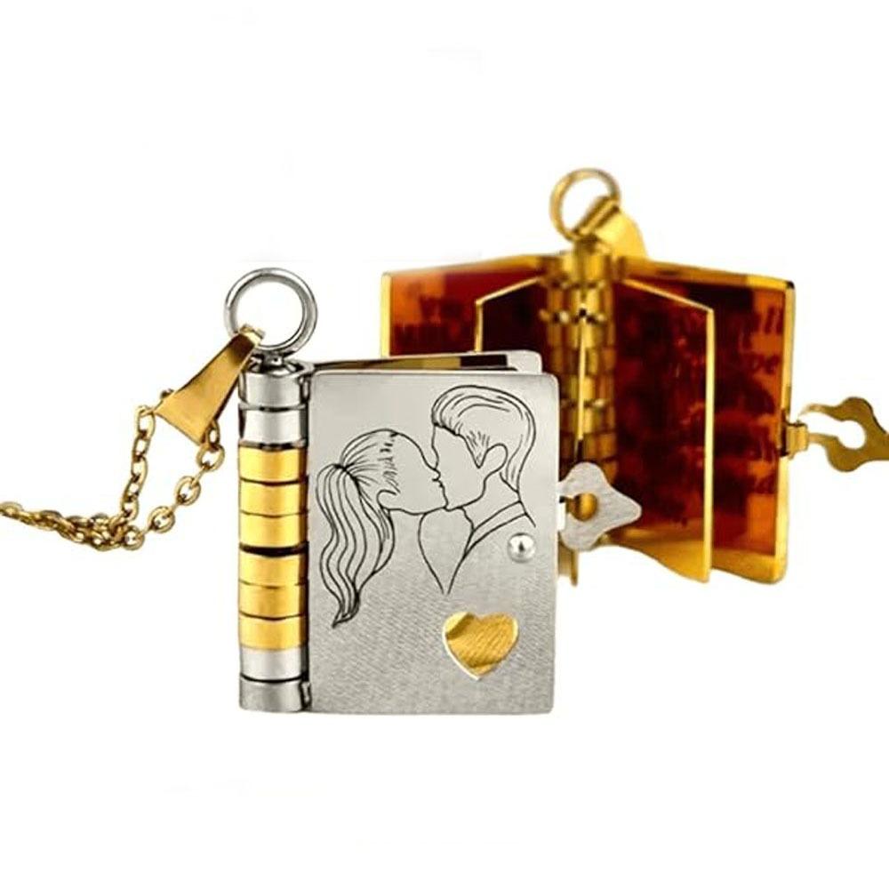 Openable Daughter Book Necklace Stainless Steel Gold Color Message Mini Book Pendant Necklace with Pages of Engraved Information