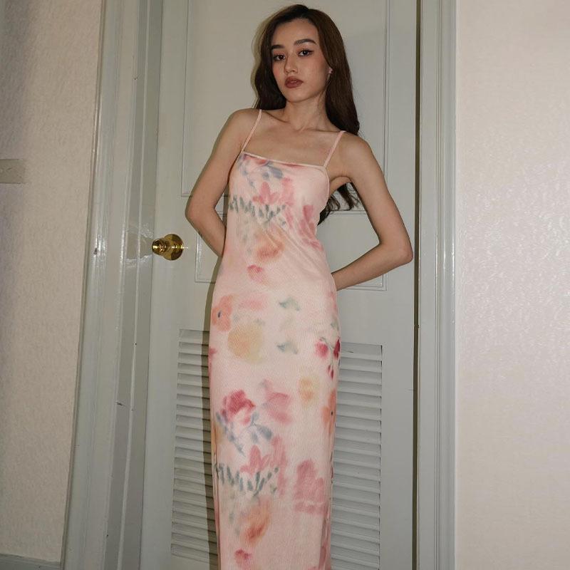 Damska letnia sukienka typu halter w stylu francuskim z odkrytymi plecami i rękawami, wąska, długa, z nadrukiem