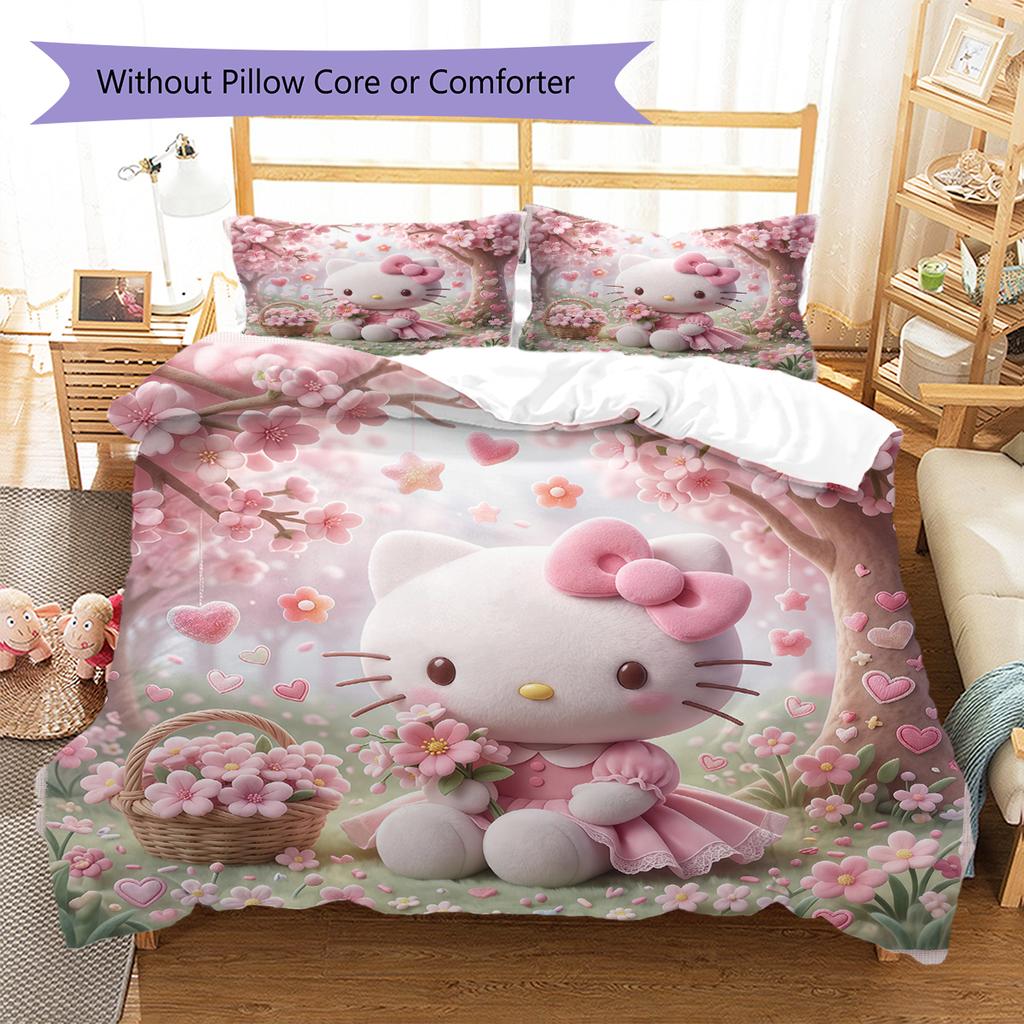 Hello Kitty Cute Pattern Bedding,Quilt Set Quilt Cover Pillowcase Home Birthday Gift(1 * Duvet Cover + 2 * Pillowcase, Without Core)