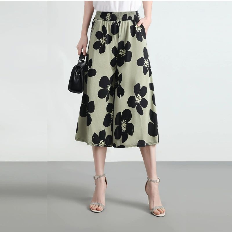 

Тонкие капри с широкими штанинами и эластичной талией, укороченные широкие брюки с цветочным принтом и эластичной талией 03 3XL