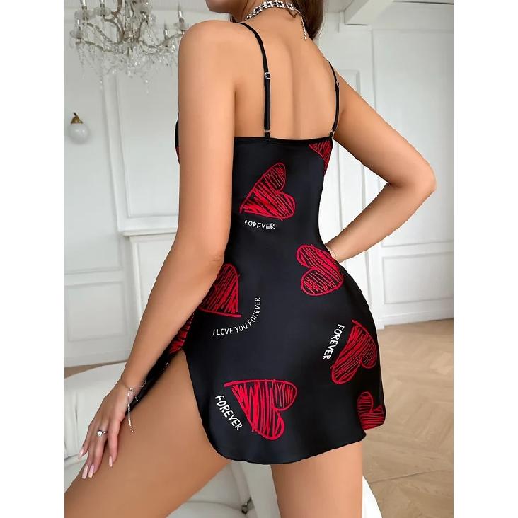 Valentine's Day Red Lip Print Satin Slip Nightdress V Neck Backless Mini Sleep Dress Women's Sleepwear Dresses
