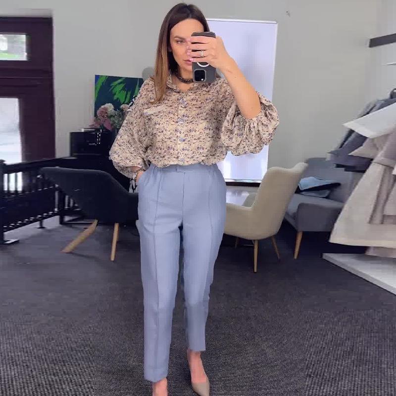 

Летний европейско-американский модный принт, рубашка с лацканами и повседневные длинные брюки, комплект из двух предметов L хаки