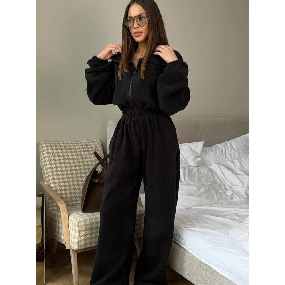 Moda Donna Autunno e Inverno Tuta a Manica Lunga da Donna Casual Mezza Apertura Vita Elastica Tuta Intera