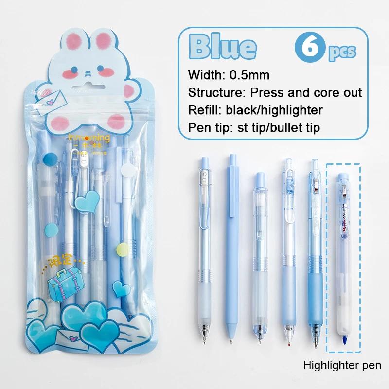 6pcs Gel Pen and Marker Pen Set Retractable Black Ink 0.5mm Ballpoint Pen School Student Office Stationery Supplies