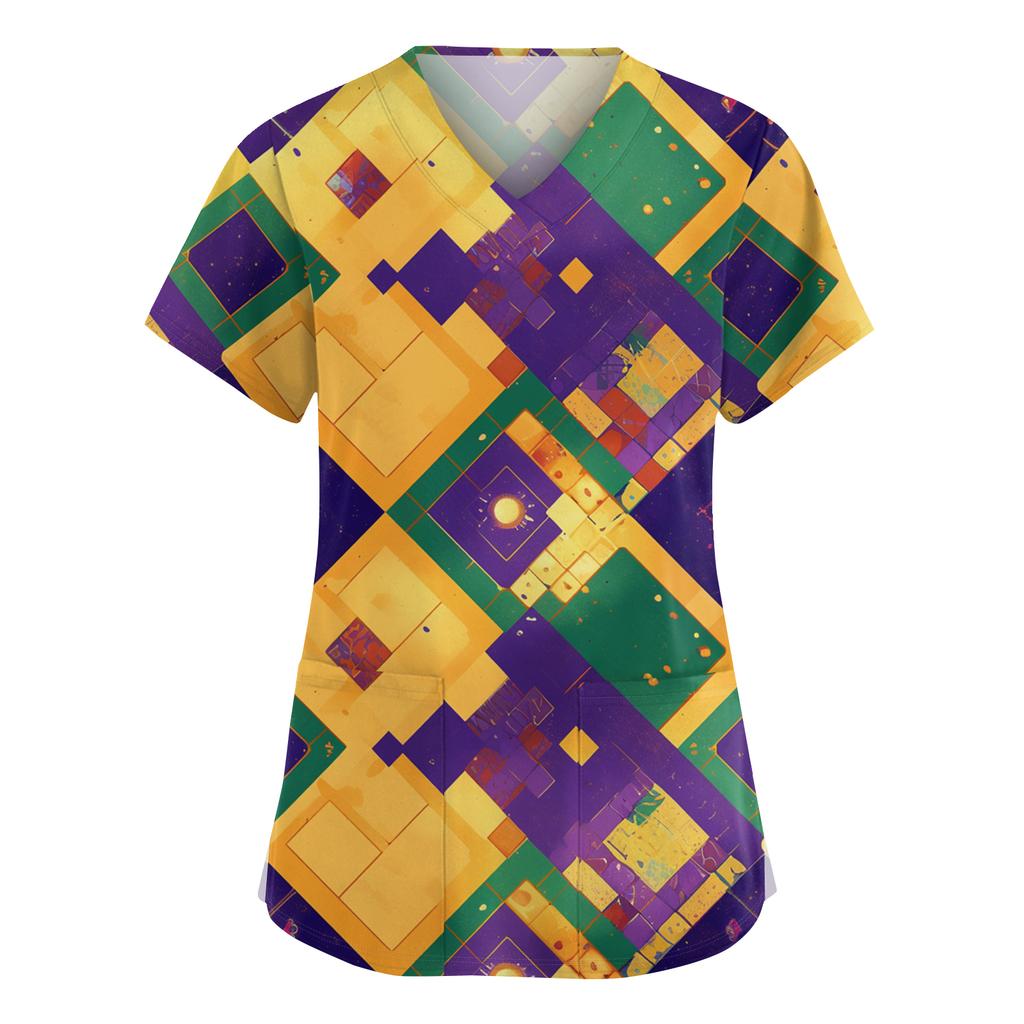 Women's Fashionable V-neck Workwear Printed Short Sleeved Pocket Side Slit Workwear Basic Pullover Top