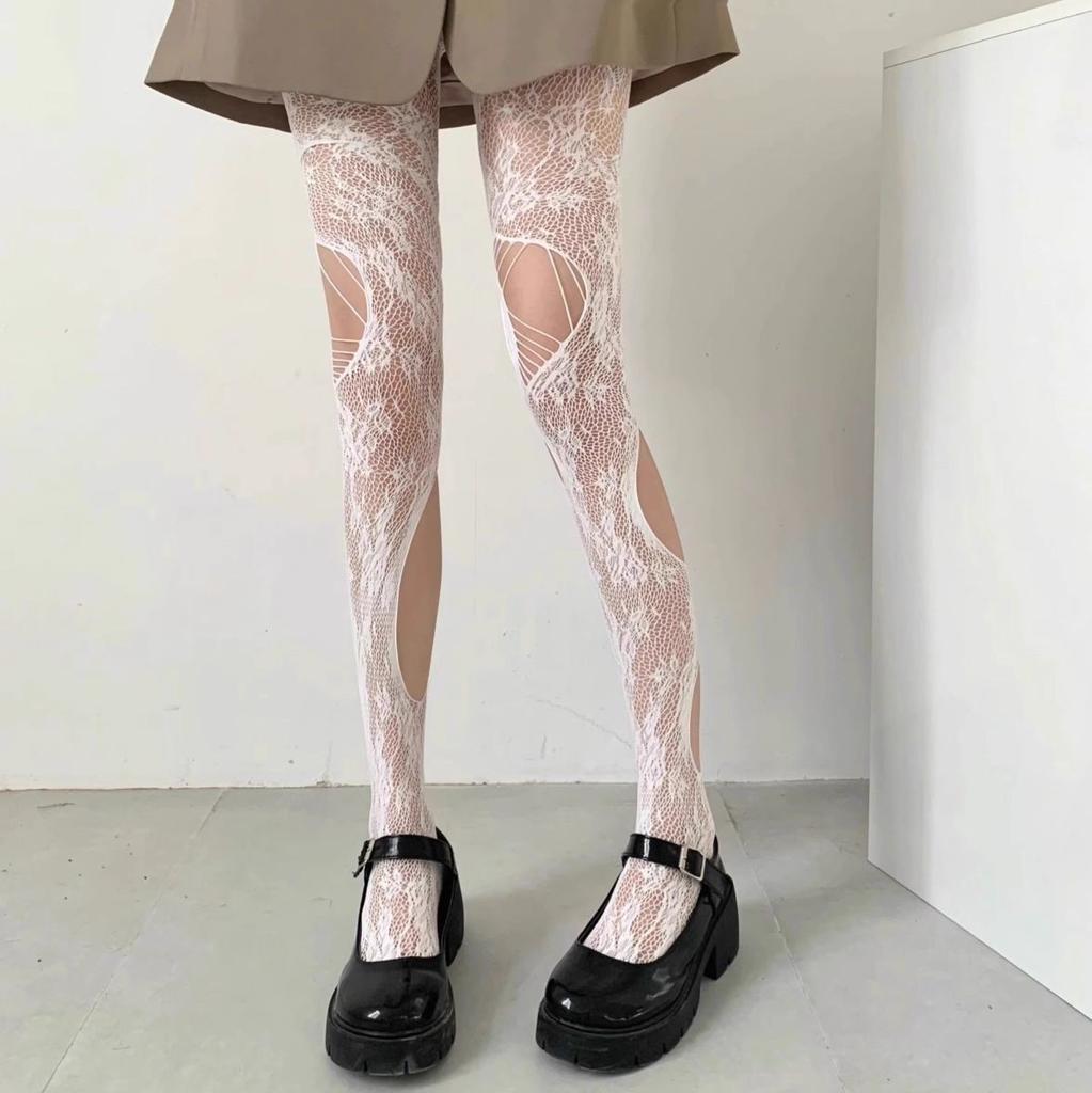 Ripped Ripped Pantyhose Hollow Fishnet Roses Millennial Babes Tide Personality Asymmetrical Design Black Silk