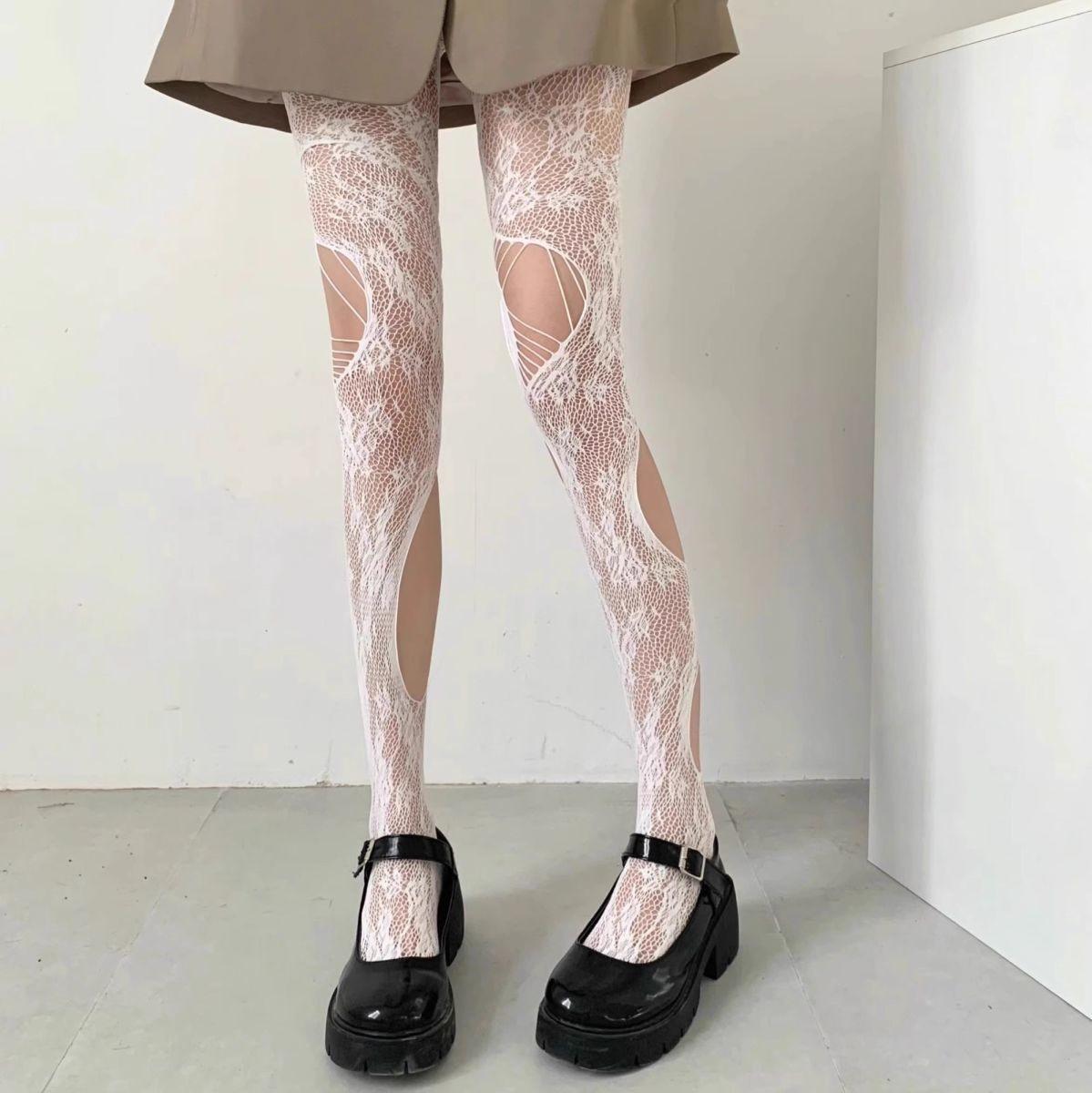 Ripped Ripped Pantyhose Hollow Fishnet Roses Millennial Babes Tide Personality Asymmetrical Design Black Silk One size fits all