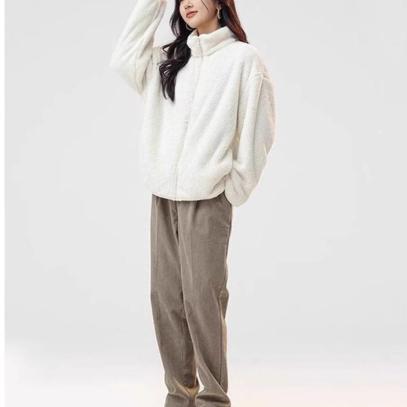 Short Coral Fleece Sweater Jacket Women's New Fashion Casual Versatile Solid Color Stand-up Collar Trendy Top and Shirt