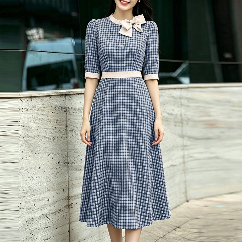 

ZANZEA Women Elegant Round Neck 3/4 Sleeve Casual Grid Print Dress 2XL