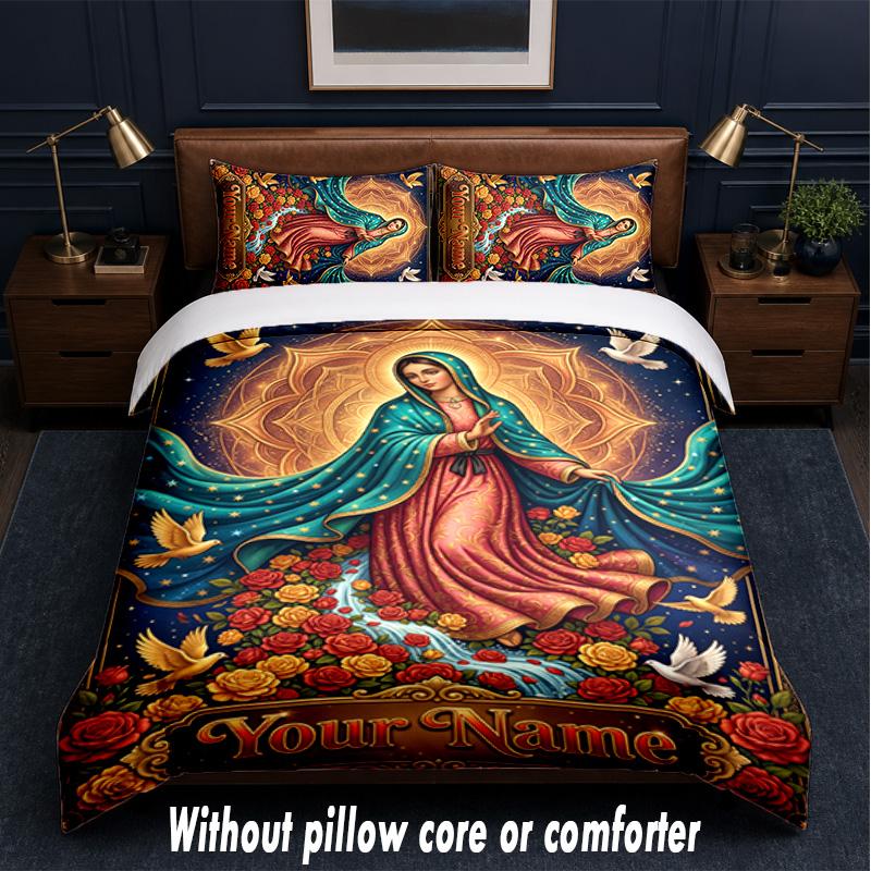 Virgin Mary Theme Custom Text Or Name 3Pcs Bedding Set,1 Flat Sheet & 2 Pillowcases Personalized Home Bedding