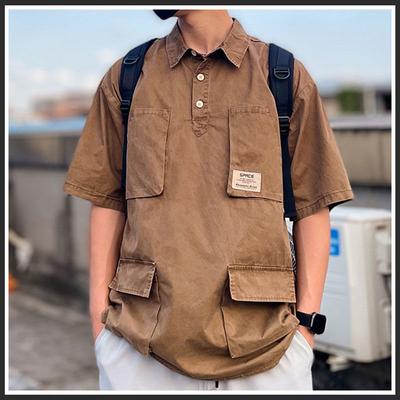 Polo de Verão Japonês de Manga Curta com Gola Polo Camiseta Masculina Marca Trendy High End Pi Shuai Camisa Top com Vários Bolsos