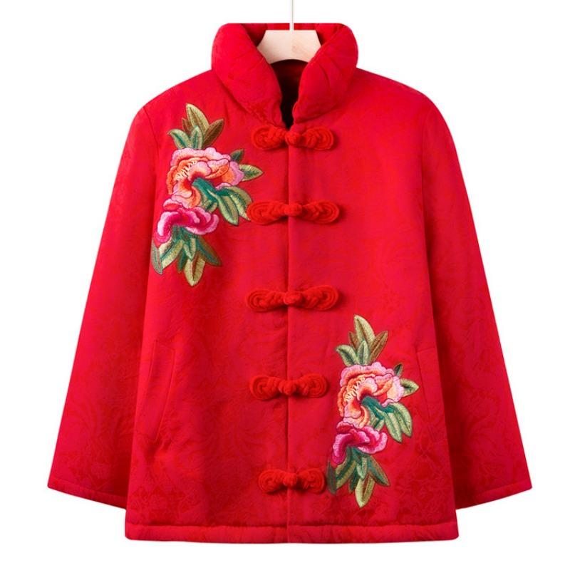 Grandma winter clothes velvet thickened padded jacket mother winter embroidered warm padded clothes old lady padded clothes button coat women