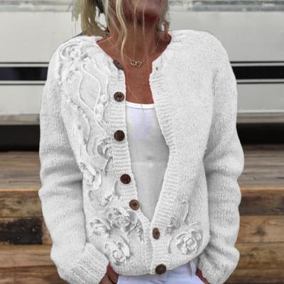 Women Sweater Cardigan Round Neck Long Sleeve 3D Flower Pattern Button Up Knit