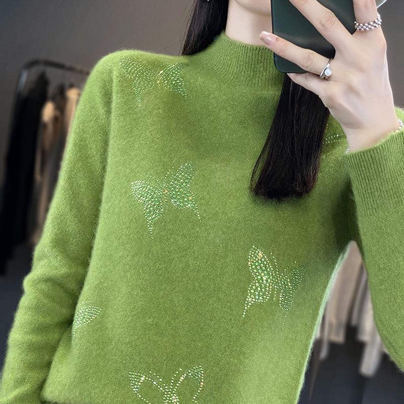 2024 Women's Seamless Half-High Collar Slimming Sweater with Rhinestone Butterfly Design