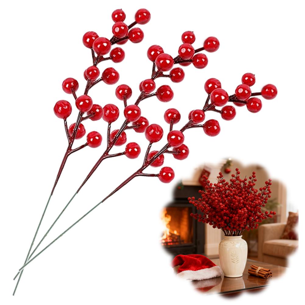 30/1branch Christmas Artificial Berries Stem Red Holly Berry Fake Flowers Plant for Xmas Tree New Year Party Home Decor Ornament