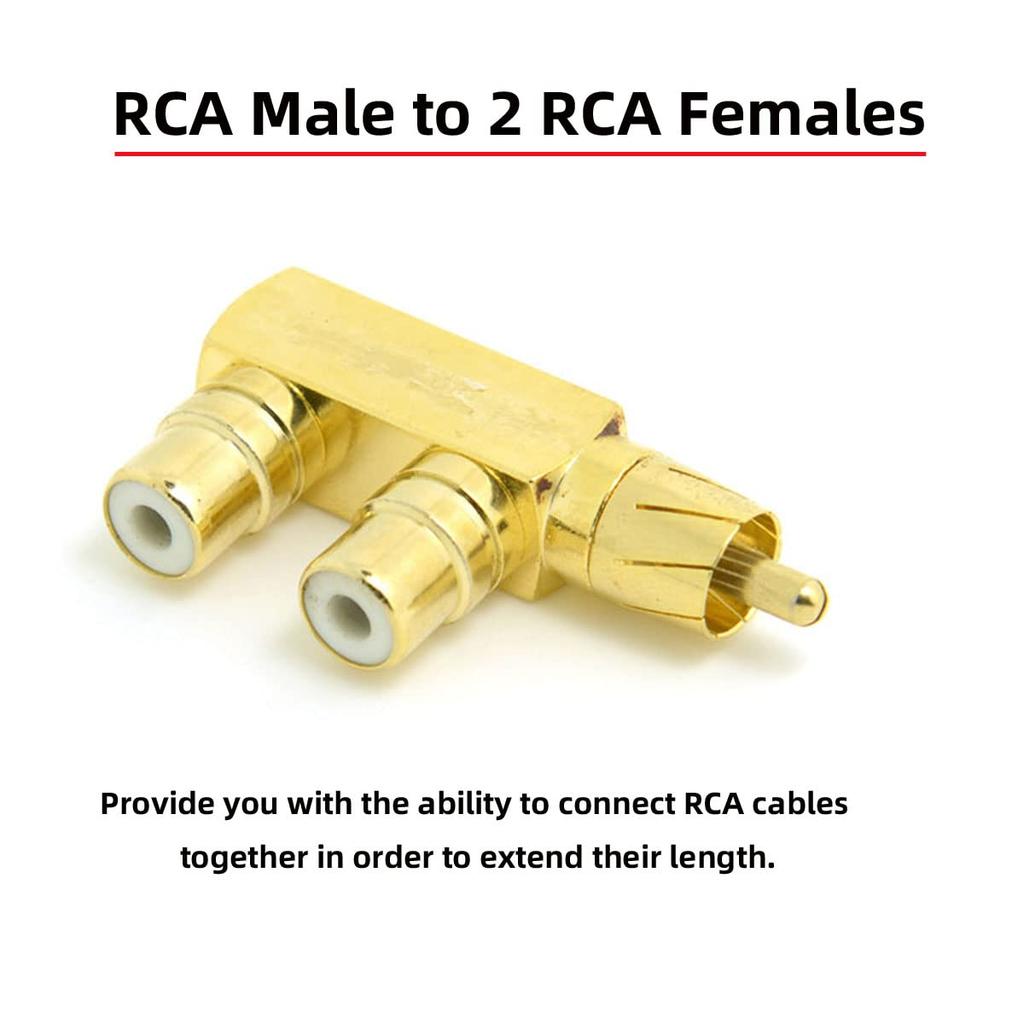 chenyang AV Audio Splitter Plug RCA 1 Male to 2 Female F Gold 90 Degree Angle Adapter, Connectors, Plated,