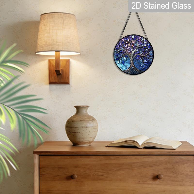 2D Flat Stained Glass Tree of Life Window Decoration, 7.87inches Blue Purple Elegant Design Colored Glass Plate with Chain, Charming Spring Summer