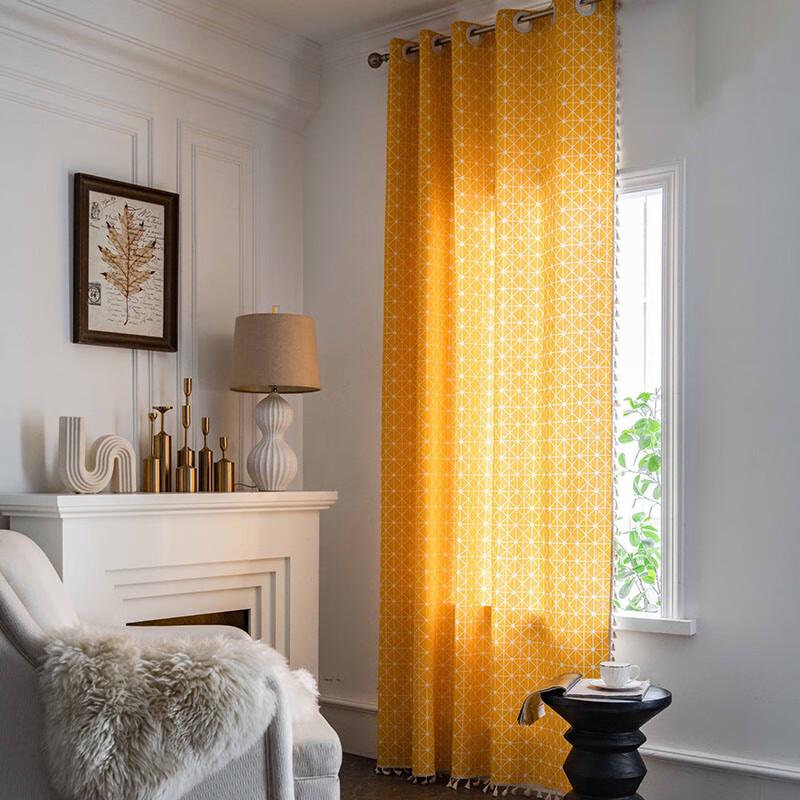 Jingga Semi-Blackout Yellow Geometric Tassel Rod Pocket Curtain