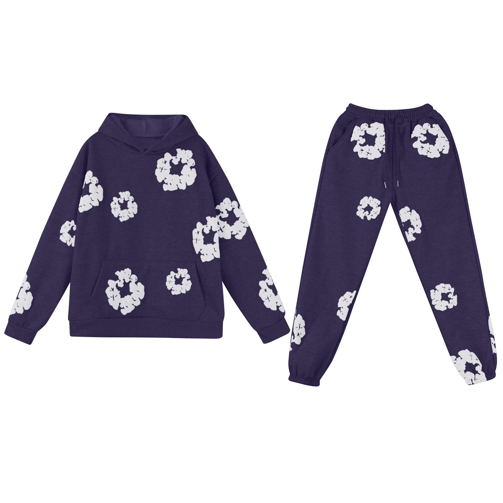 

Женский спортивный костюм с капюшоном, унисекс, двухсекционная одежда для бега, пуловер с длинными рукавами, толстовка с капюшоном + комплект спортивных штанов XL фиолетовый