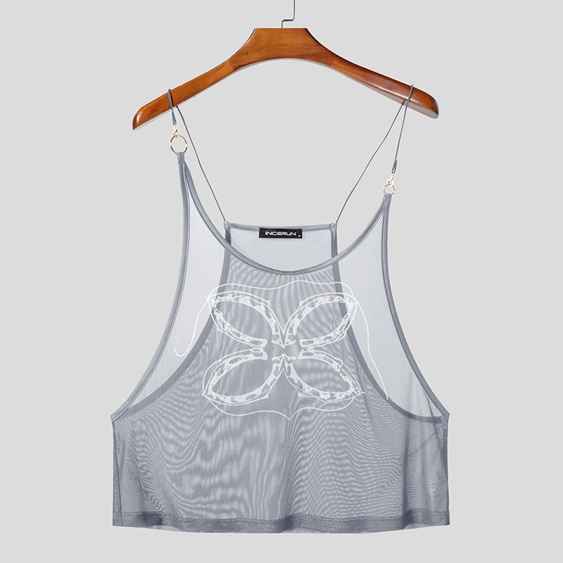 INCERUN Men Sling Sleeveless Print Mesh Sheer Tank Tops Camisole Undershirts