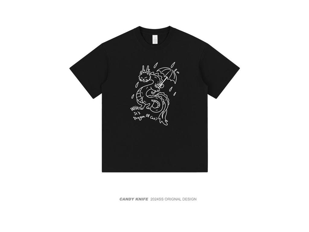 American Dragon Cartoon Print Crew Neck T-Shirt, Unisex Loose Fit Half Sleeve