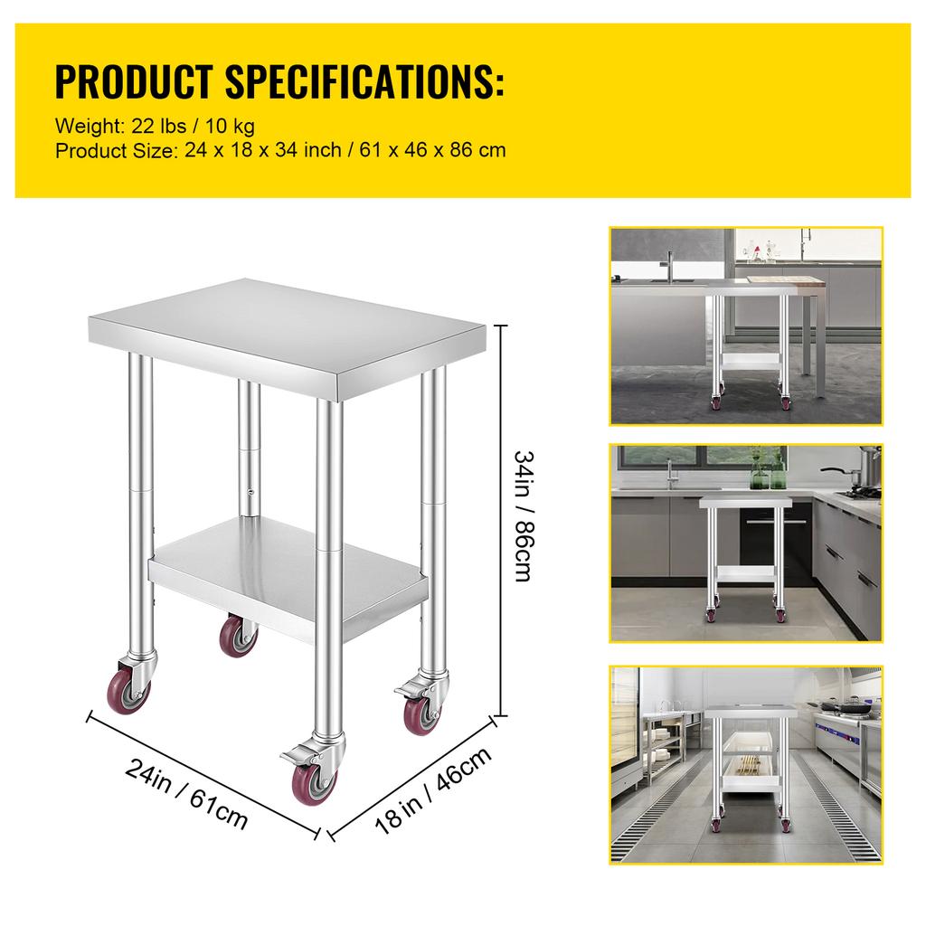 SucceBuy Stainless Steel Kitchen Worktable shelves Commercial Work Bench Table with Caster Wheels for Home Restaurant Storage