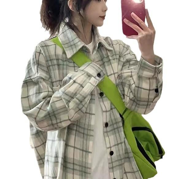 Green plaid shirt women's spring and autumn new loose outer wear design sense niche shirt POLO collar top jacket