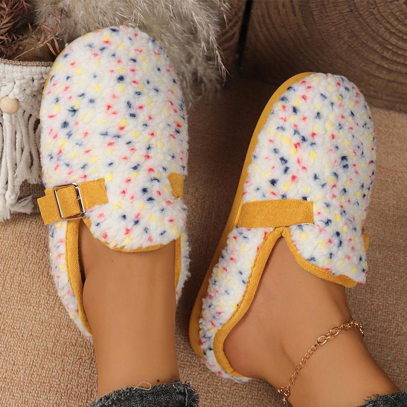 Fashion Fashion Mix Color Plush Slippers Women Round Toe Slip On House Cotton Slippers Woman Winter Buckle Strap Detor Fur Slides Ladies