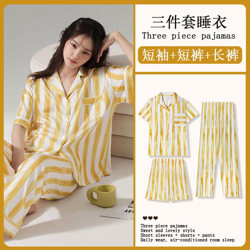 GMXIA Sommermode Pyjama Damen Kurzarm Dreiteiliges Set, Baumwollähnlich Cartoon Student Hauskleidung, Kann Draußen Getragen Werden