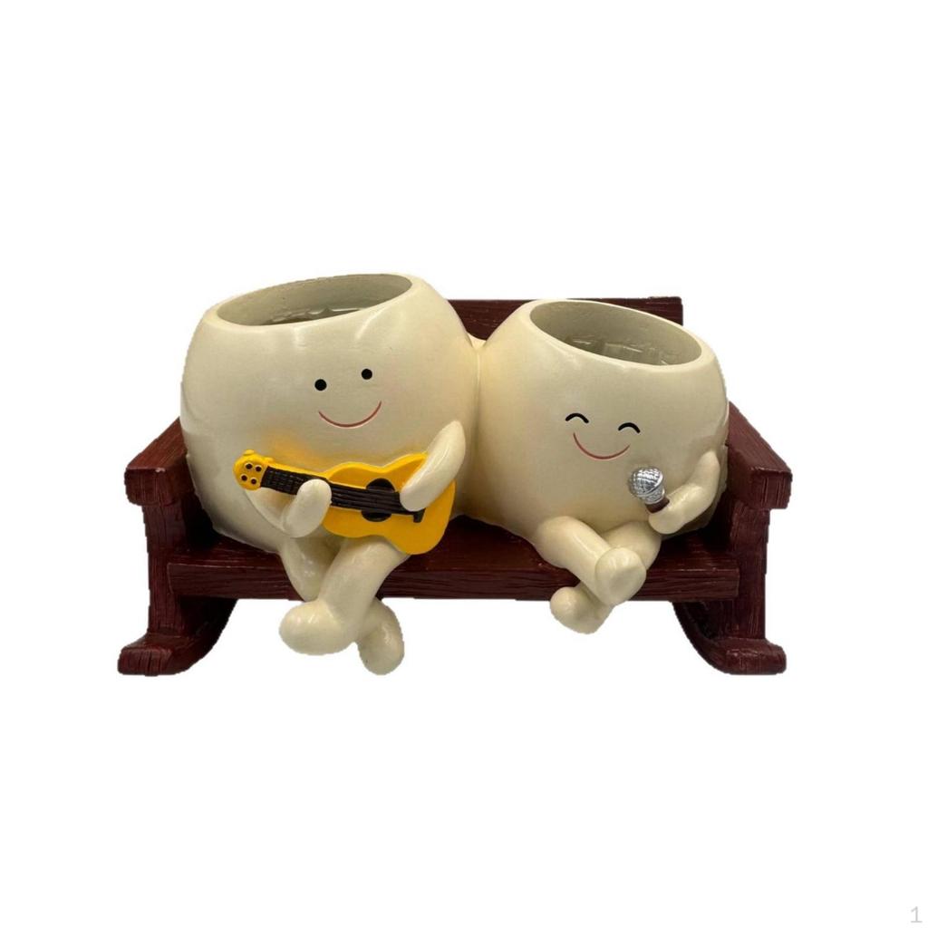 Rocking Chair Planter Smiling Faces Cartoon Plant Pot Set Wooden Base Grinning Flower Singing