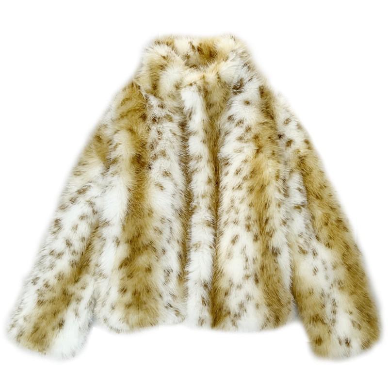 Womens Faux Fur Coat With Lynx Print Streetwear Style Mid-Length Winter Jacket