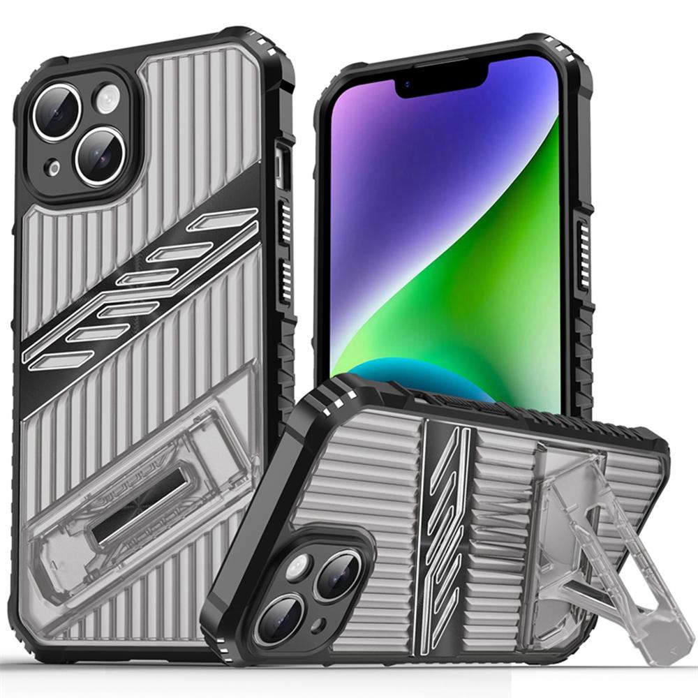 

For iPhone 14 Case Folding Kickstand PC+TPU Anti Drop Phone Cover Black/Grey