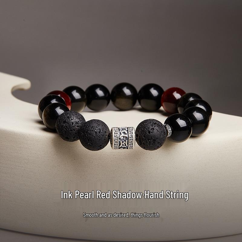 Sterling Silver Volcanic Stone, Gold Obsidian, Red Tiger Eye Men's Beaded Retro Bracelet - Elegant Gift for Boyfriend