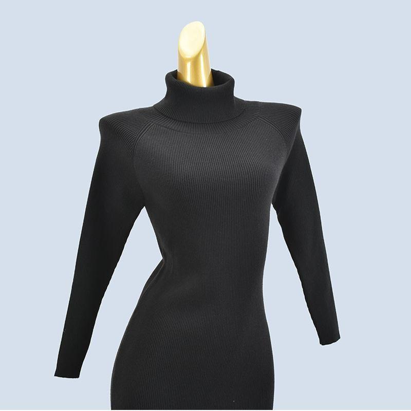 Withdraw from Cupboard High Quality Thick Turtleneck Raglan Pure Color Mid Length Long Length Long Sleeves Knitting Sweater Silm Sheath Bottom Dress