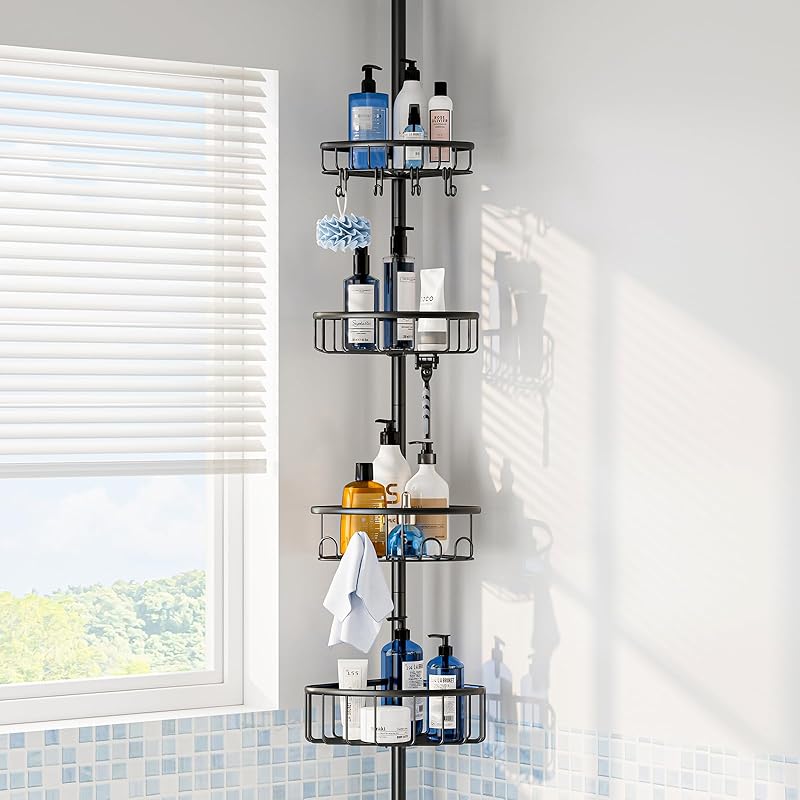 Corner Shower Caddy Tension Pole: Stainless Steel Rustproof 4-Tier Shower Organizer - 47-121 inch Adjustable Bathroom Shelves for Bathtub Shampoo A Style-Black