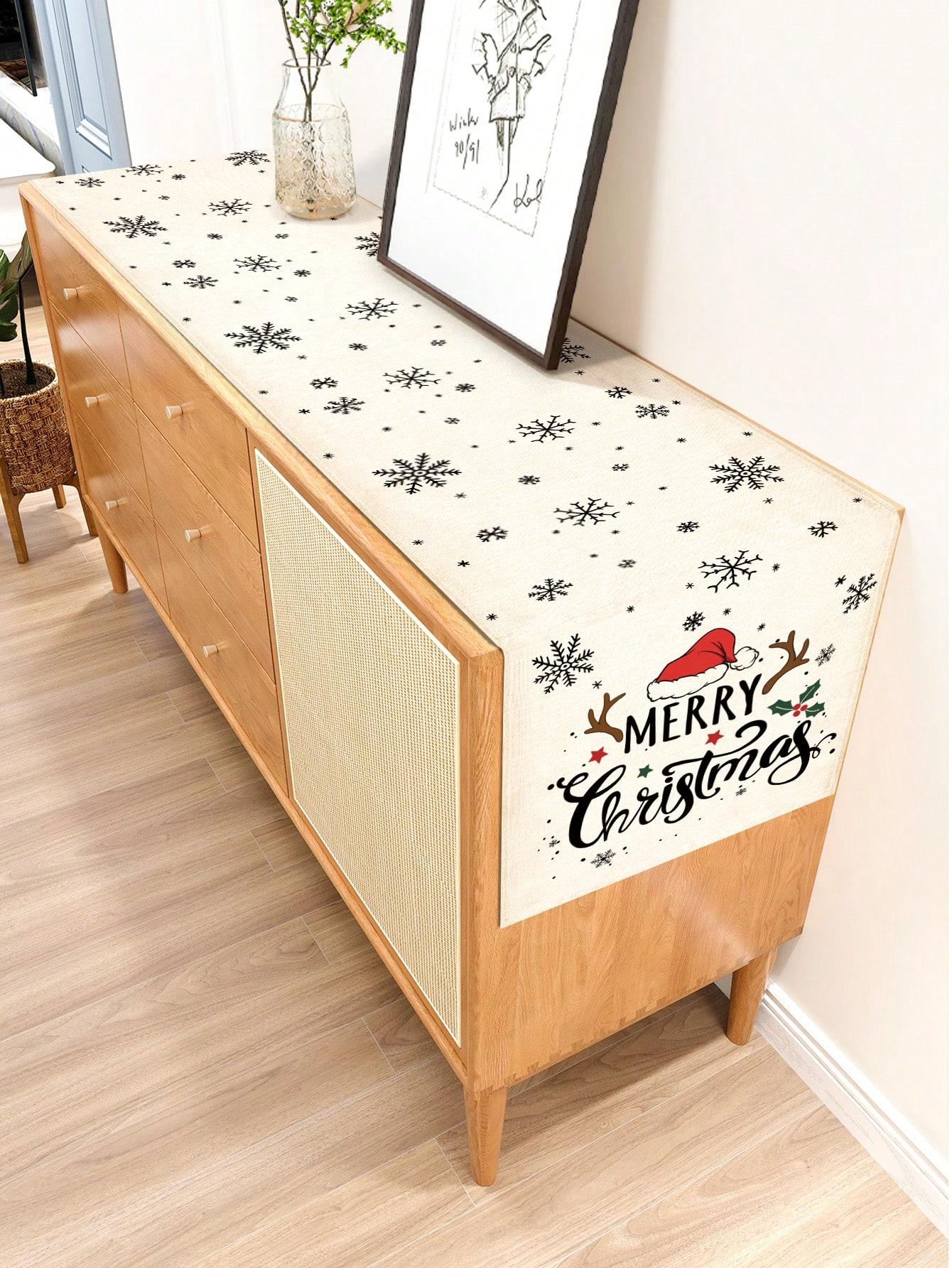 Christmas Merry Christmas Linen Table Runner Snowflake Santa Hat Holly Design for Christmas Dinner Table Decor Holiday Party 33x180cm