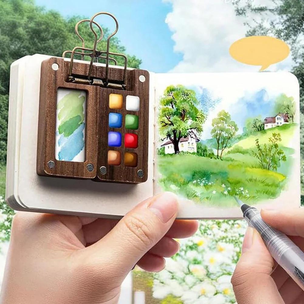 Mini Portable Watercolor Palette Set Watercolor Sketch Book with Binder Clips Portable Watercolor Travel Set for Travel Drawing