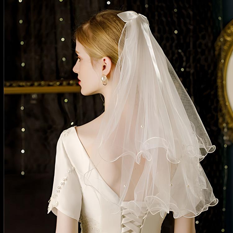 1PC Double Layered Bow Tied Headband Wedding Birthday Party White Veil Decoration Bridal Engagement Banquet Hair Accessories