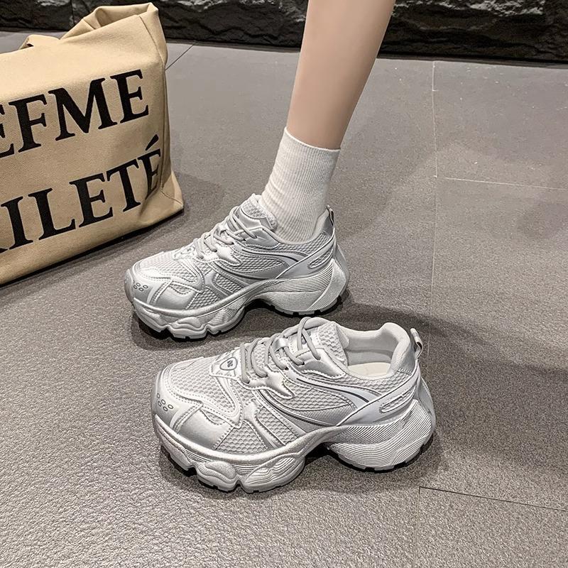 Thick-soled Heightening Dad Shoes Women's Spring New Casual Soft Leather Mesh Breathable Small Sneakers