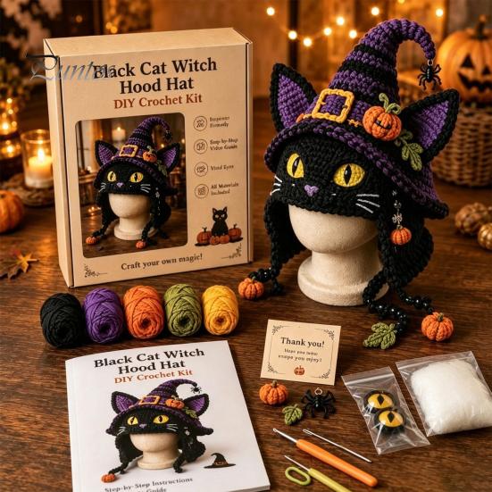 Cute Animal Hat Pattern Highland Cow Crochet Kit, Halloween Pumpkin Spider Hood DIY Kit Handmade Craft for Adults Teens Creative Hobby Gift