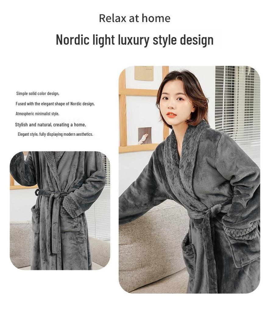 Winter Couple's Thick Flannel Robe - Warm Coral Fleece Long Bathrobe for Men and Women
