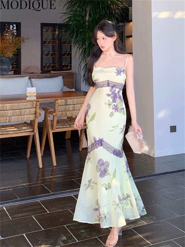 MODIQUE Summer Women Elegant Floral Print Casual Beach Backless Mesh Gauze Chiffon Girly Halter Long Dresses Lady Fairycore Atmosphere Hip Wrap Dress