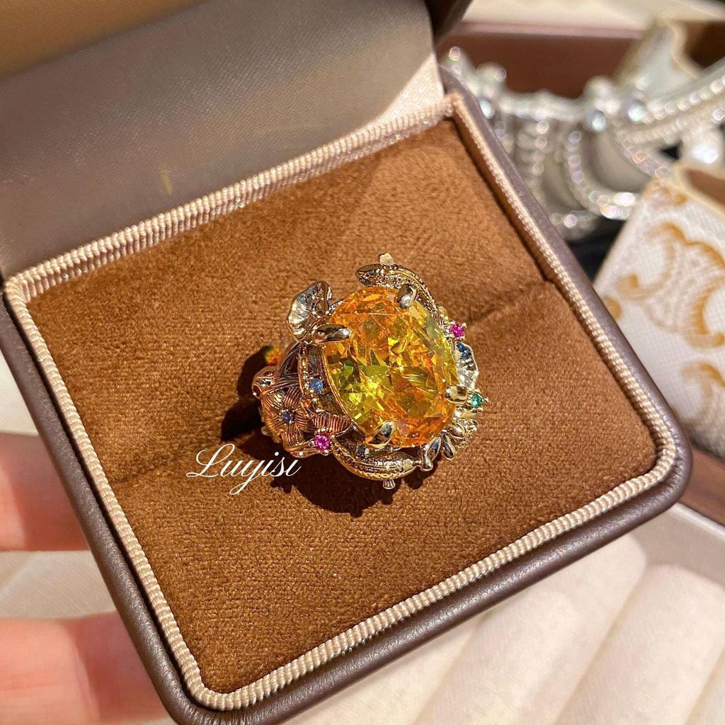 Retro French Court Style Pisces Lotus Pendant & Earrings Set with Yellow Diamond & Color Gem Ring for Women