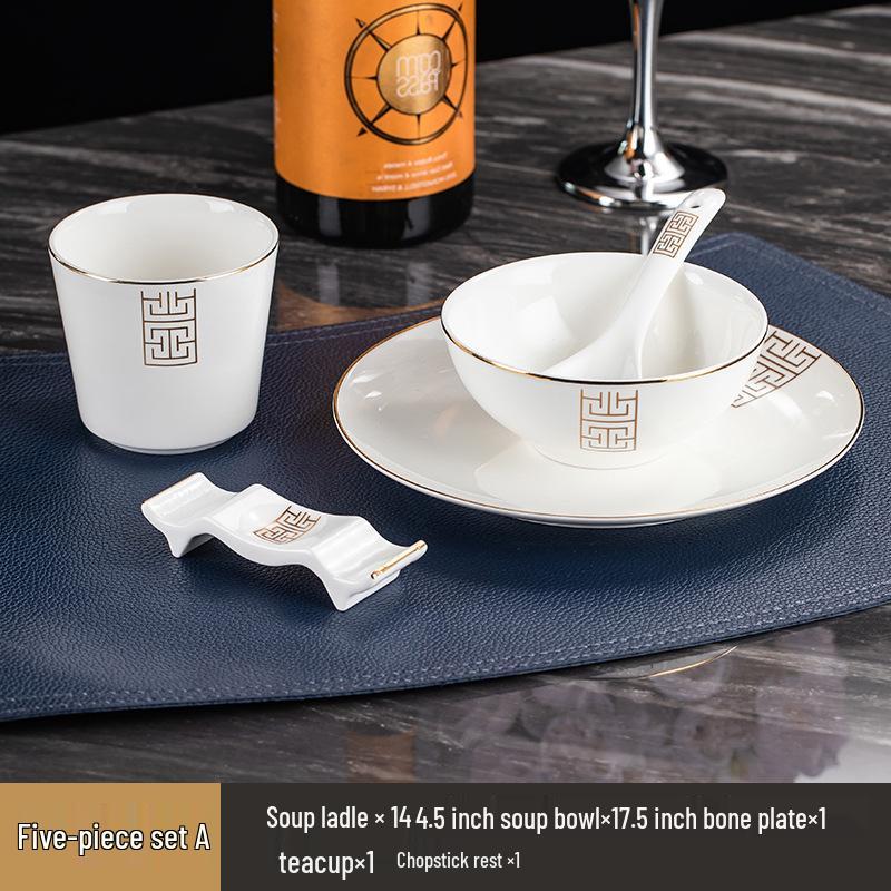 Luxury Wear-Resistant Gold Rim Bone China Dinnerware Set for Hotels and Restaurants - Includes Bowls, Plates, Spoons, Cups, and Chopsticks