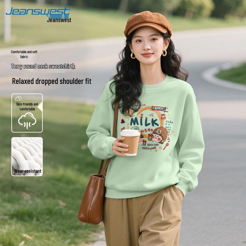 

JEANSWEST Women s American Retro Loose Fit Thickened Round Neck Sweatshirt 2XL