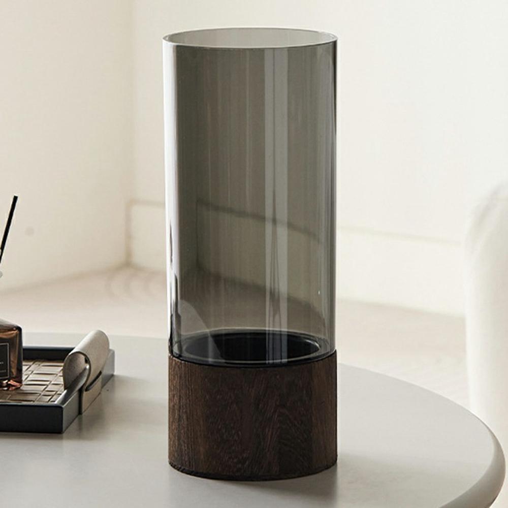 12x30cm Minimalist Flower Vase with Wooden Base PET Transparent Cylinder Vase Living Room Decoration