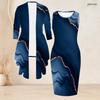 Women Plus Size Two Piece Set Blue Printed Long Sleeve Draped Cardigan Sleeveless Bodycon Dress